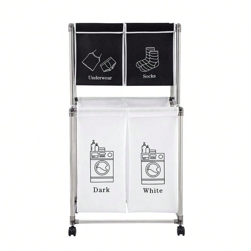 2 Tier Clothes Sorter With 4 Removable Bags To Organize Clothes, With Four Wheels, Easy To Move, Laundry, Light, Dark