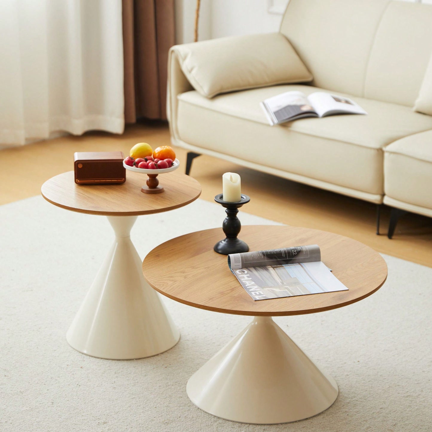 Round Coffee Table, White+Wood, Elegant Design, Excellent Material, Diversity Of Usage Scenarios