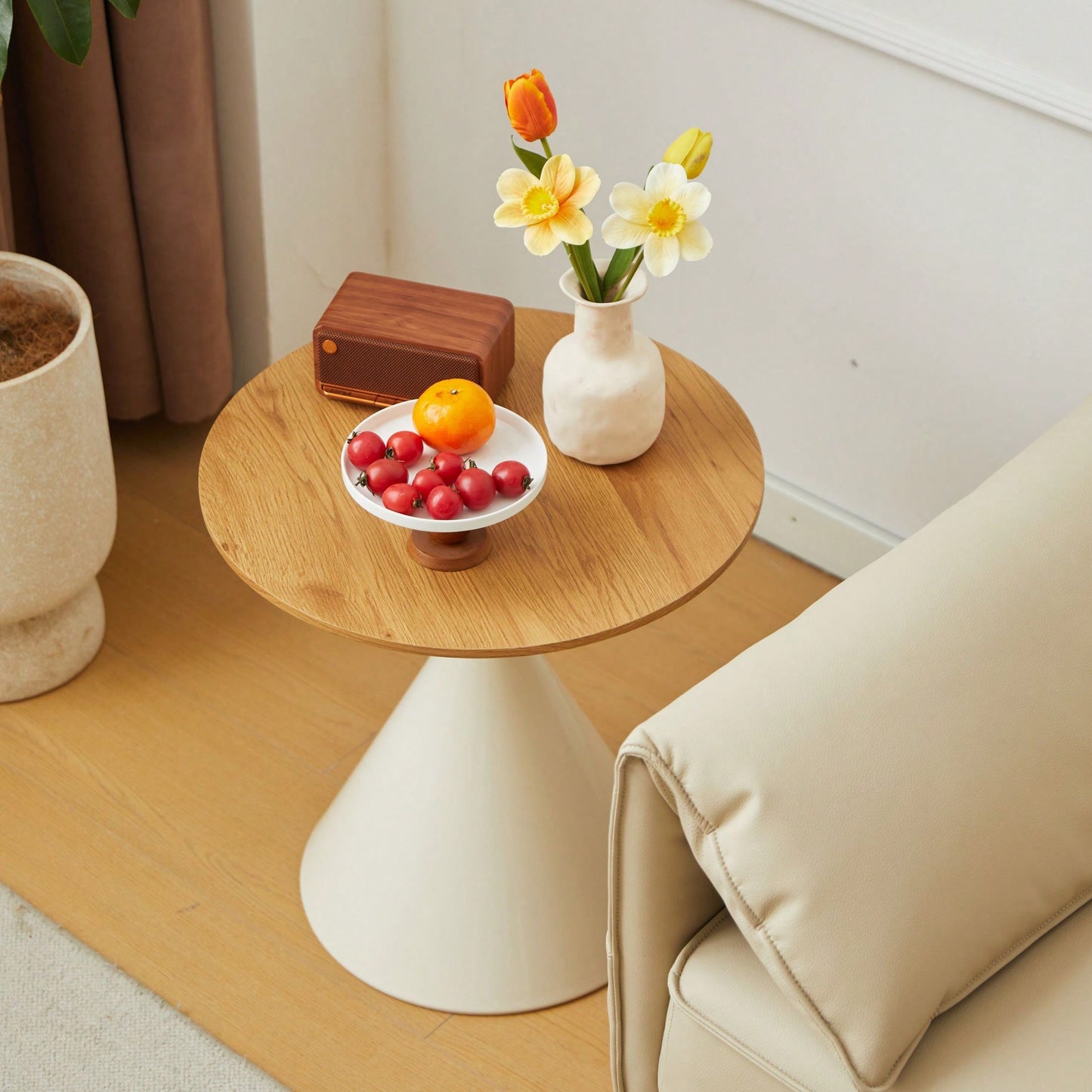 Round Coffee Table, White+Wood, Elegant Design, Excellent Material, Diversity Of Usage Scenarios