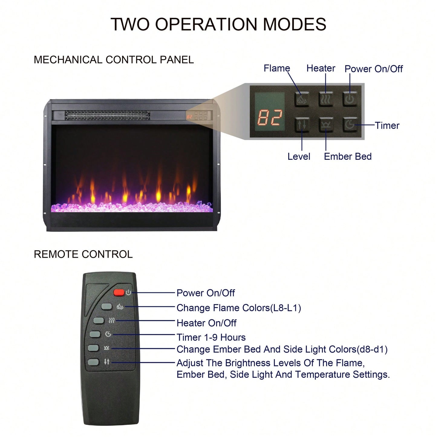 Ultra Thin 23 Inch Electric Fireplace Insert with Crystal Flame Remote Timer Overheat Protection and Side Light