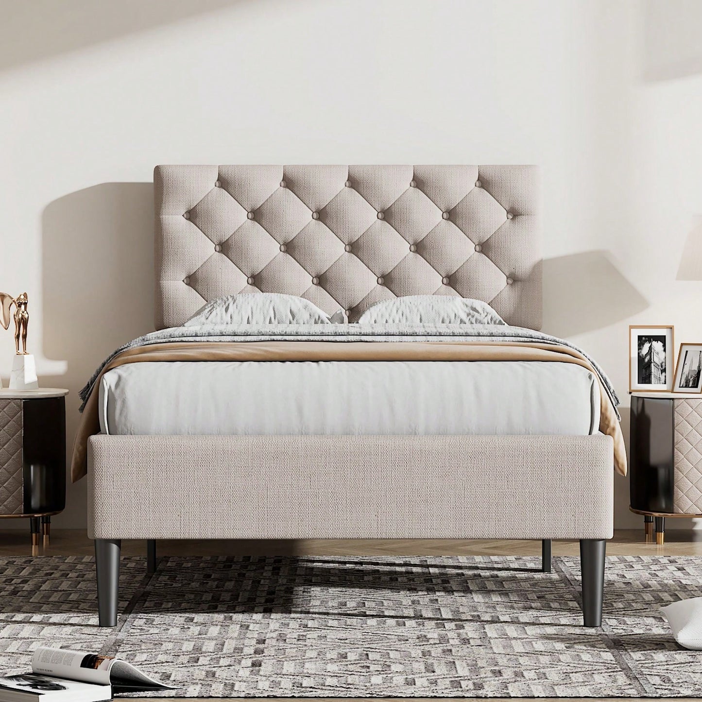 Upholstered Linen Platform Bed, Twin Size