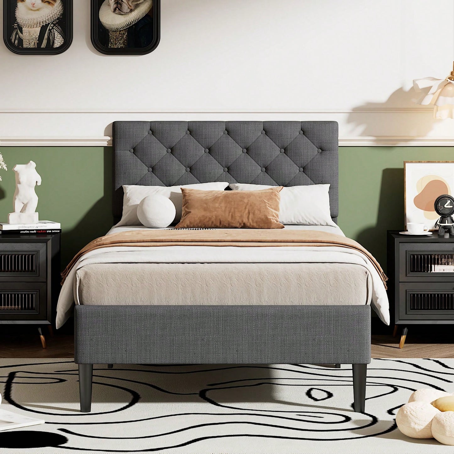 Upholstered Linen Platform Bed, Twin Size