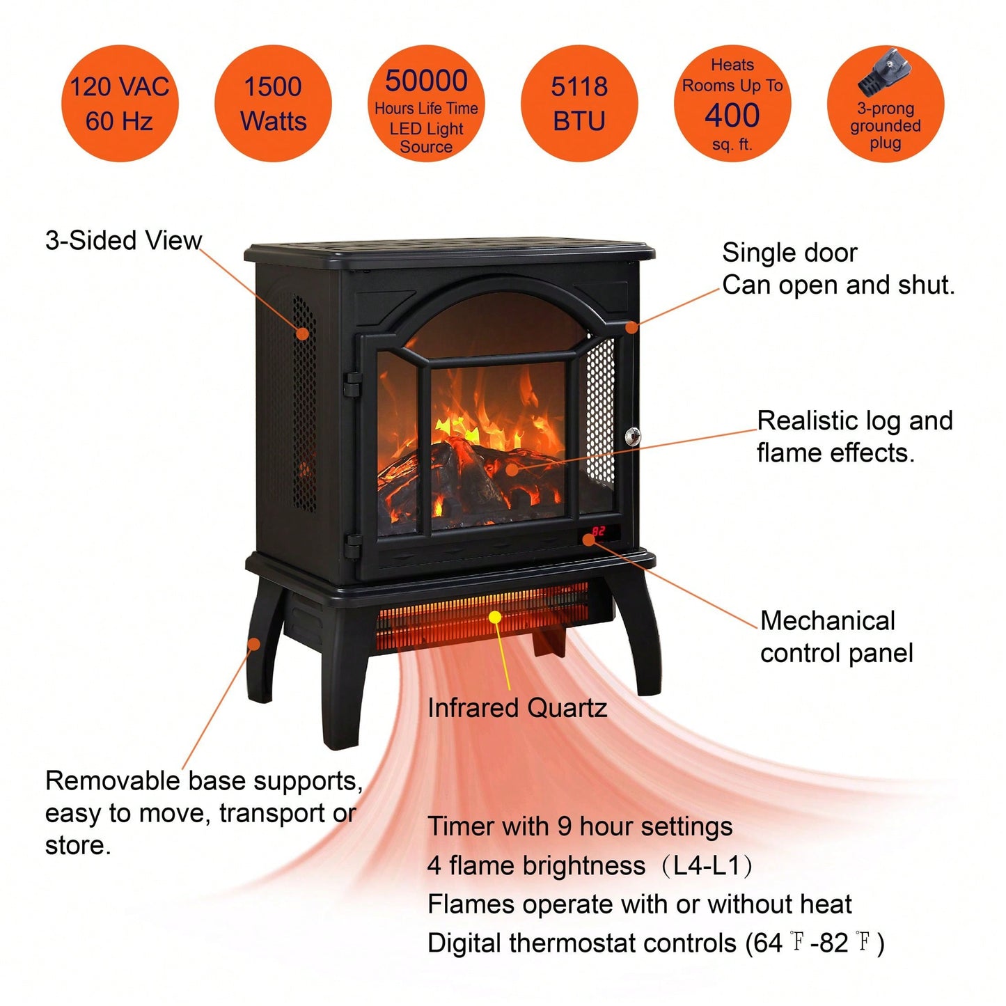 18" 3D Infrared Electric Stove With Remote Control