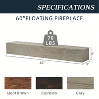 60" Rustic Wood Fireplace Mantel, Wall-Mounted & Floating Shelf For Home Decor