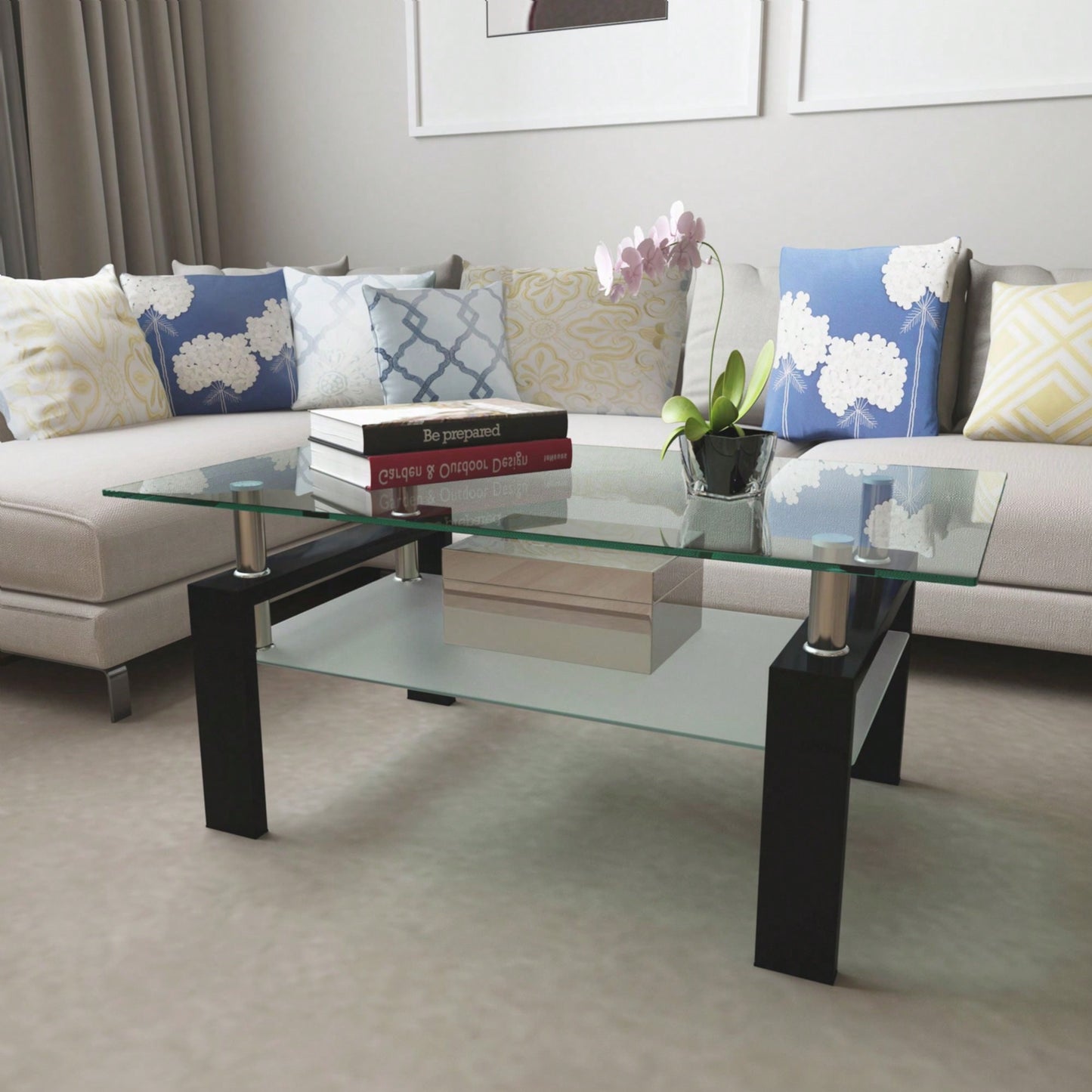 Rectangle Black Glass Coffee Table, Modern Side Center Tables For Living Room