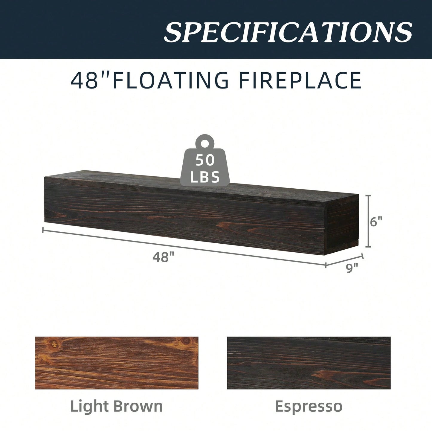 48" Rustic Wood Fireplace Mantel , Wall-Mounted & Floating Shelf For Home Decor