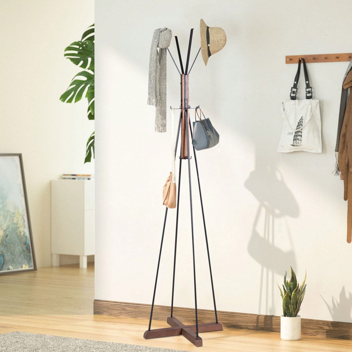 Reclaimed Wood And Metal Freestanding Coat Rack With Hooks
