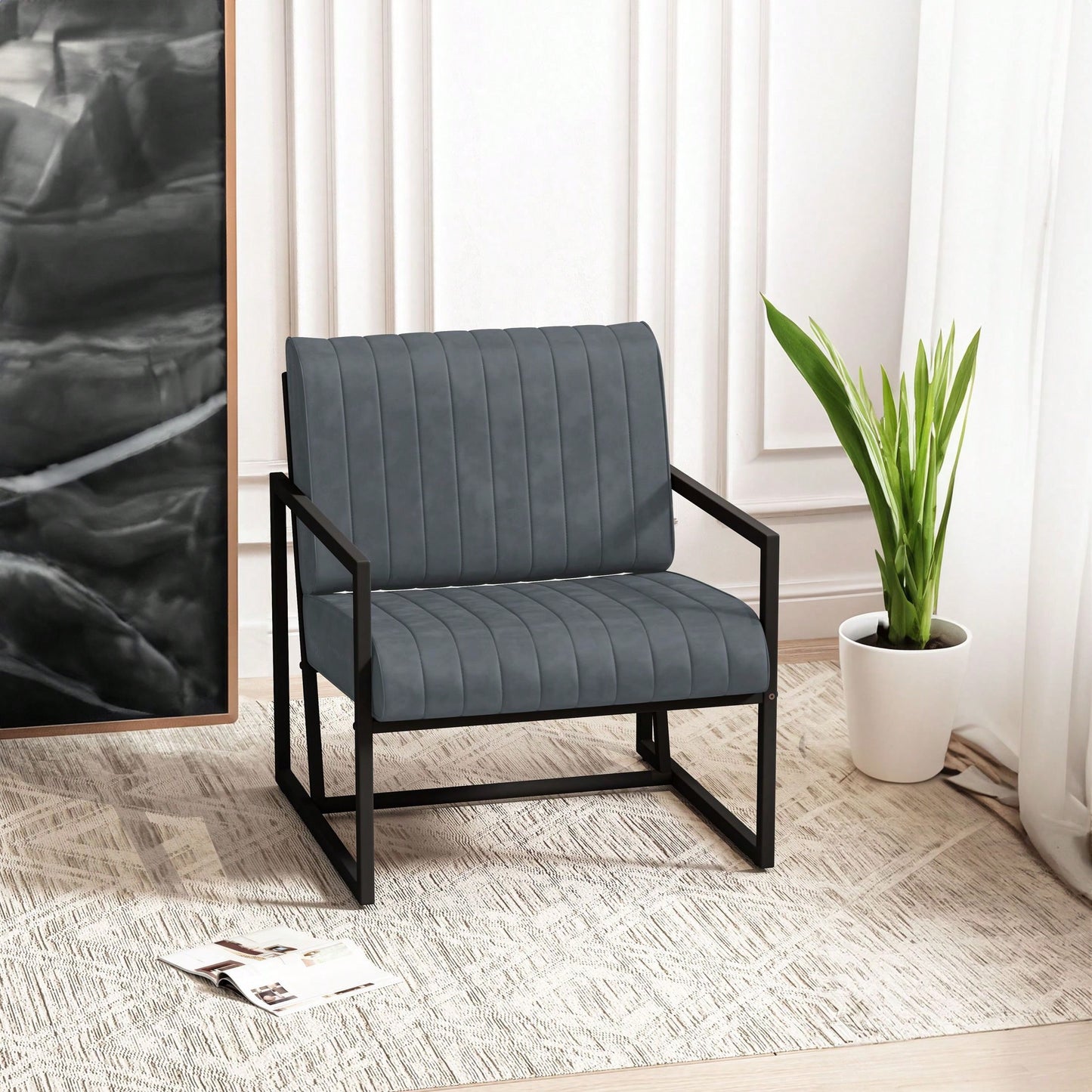 Modern Fashion PU Leather Feature Armchair With Metal Frame Extra-Thick Padded Backrest And Seat Cushion