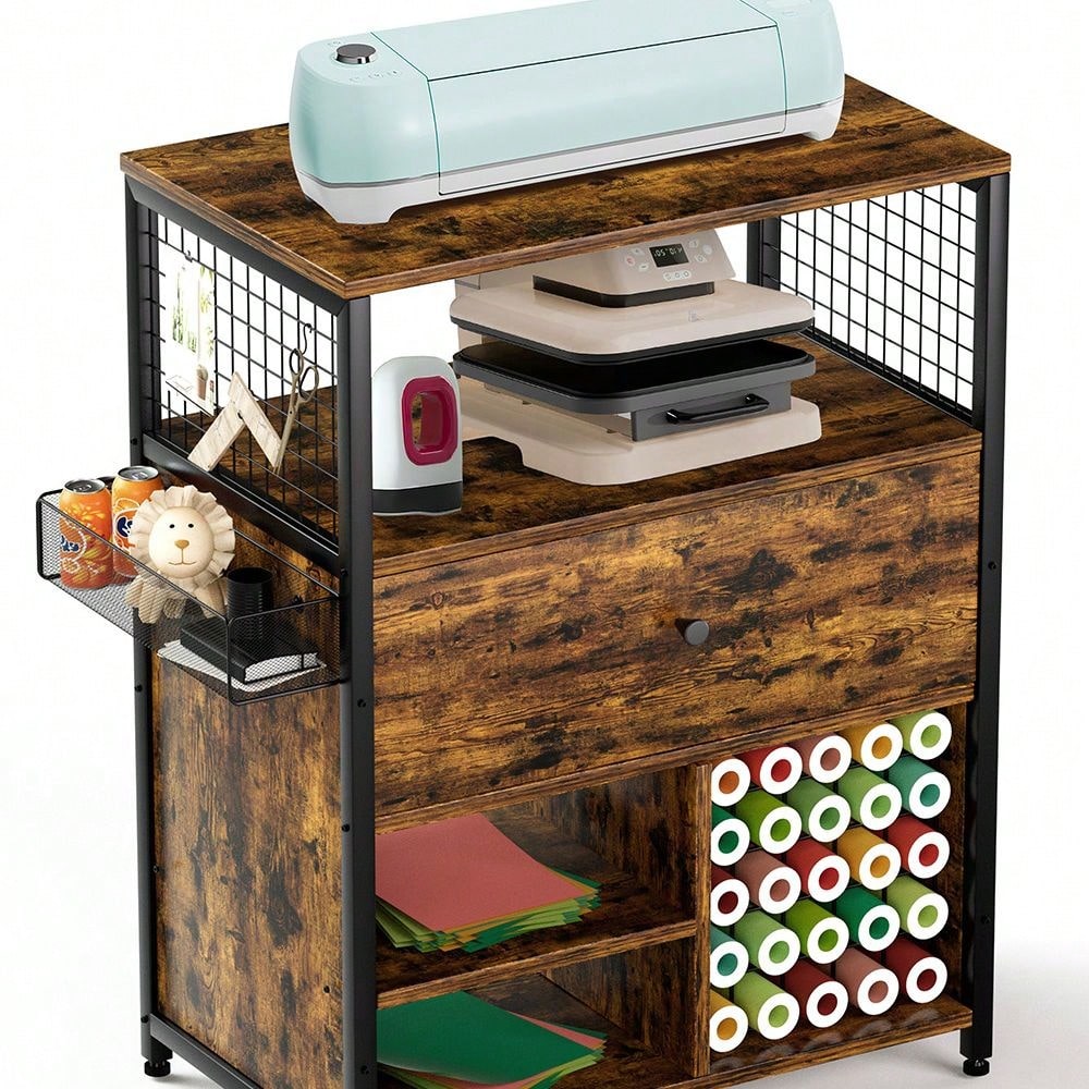 Craft Storage Cabinet with 25 Vinyl Roll Holders and Drawers for Organized Craft Room Workstation