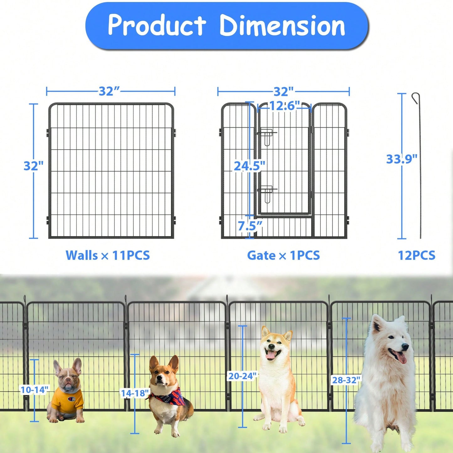 Heavy Duty 32 Inch Foldable 12 Panel Metal Dog Playpen with Doors for Indoor Outdoor Use RV Camping Yard