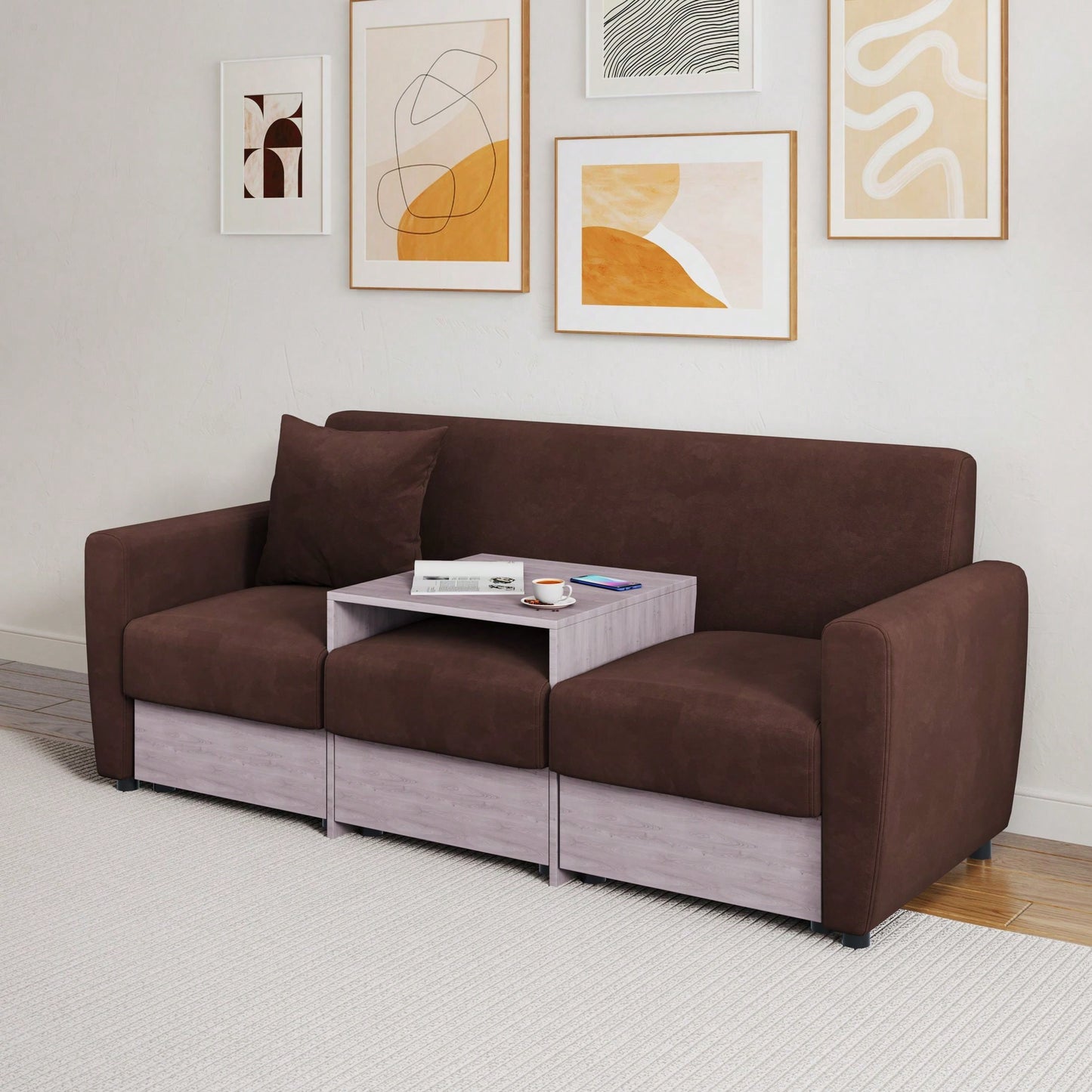 Double Armrests With Coffee Table And Drawers 77.9" Chenille Living Room Apartment Studio Sofa