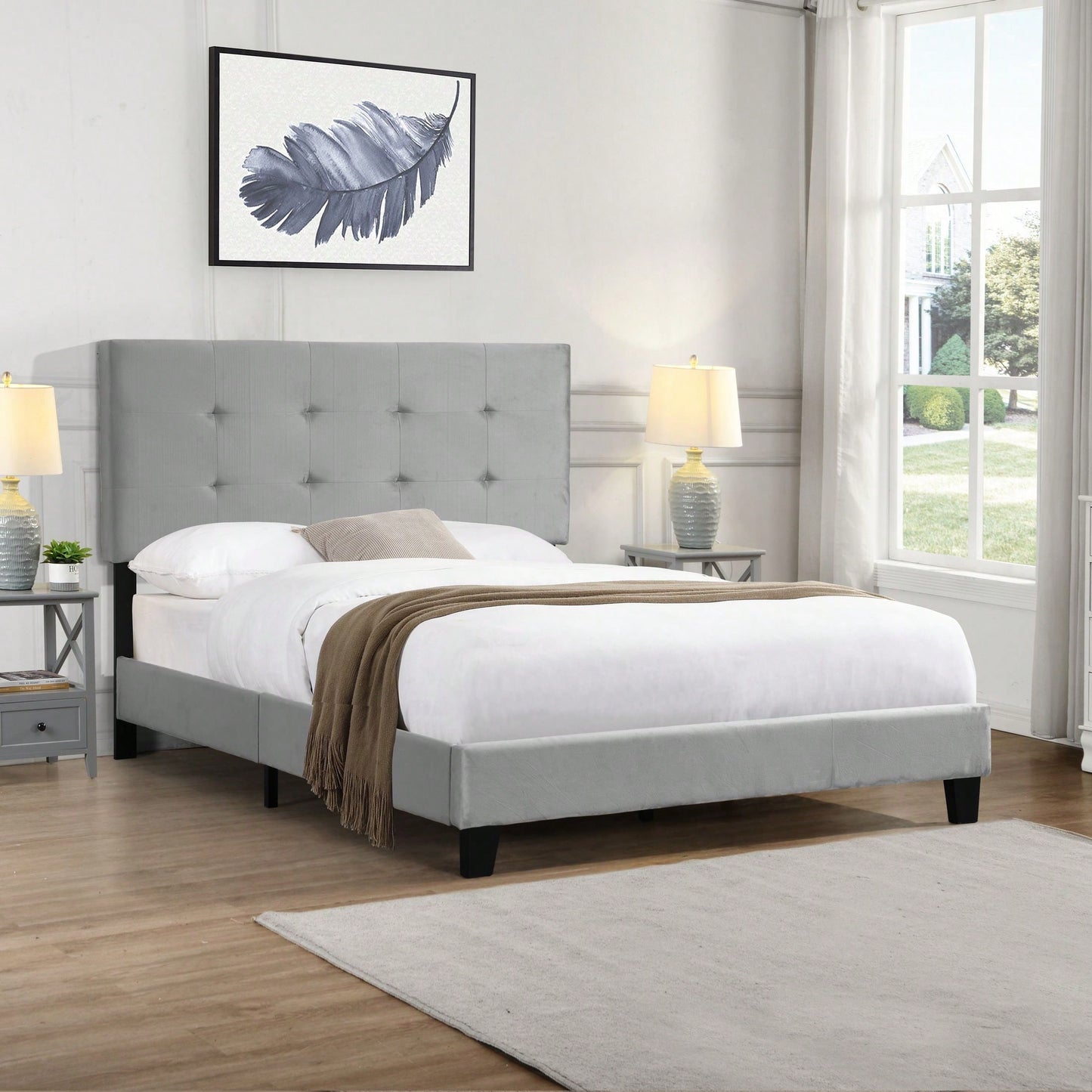 Elegant Full Size Upholstered Platform Bed Frame with Tufted Headboard and Sturdy Wood Slats Easy Assembly No Box Spring Required