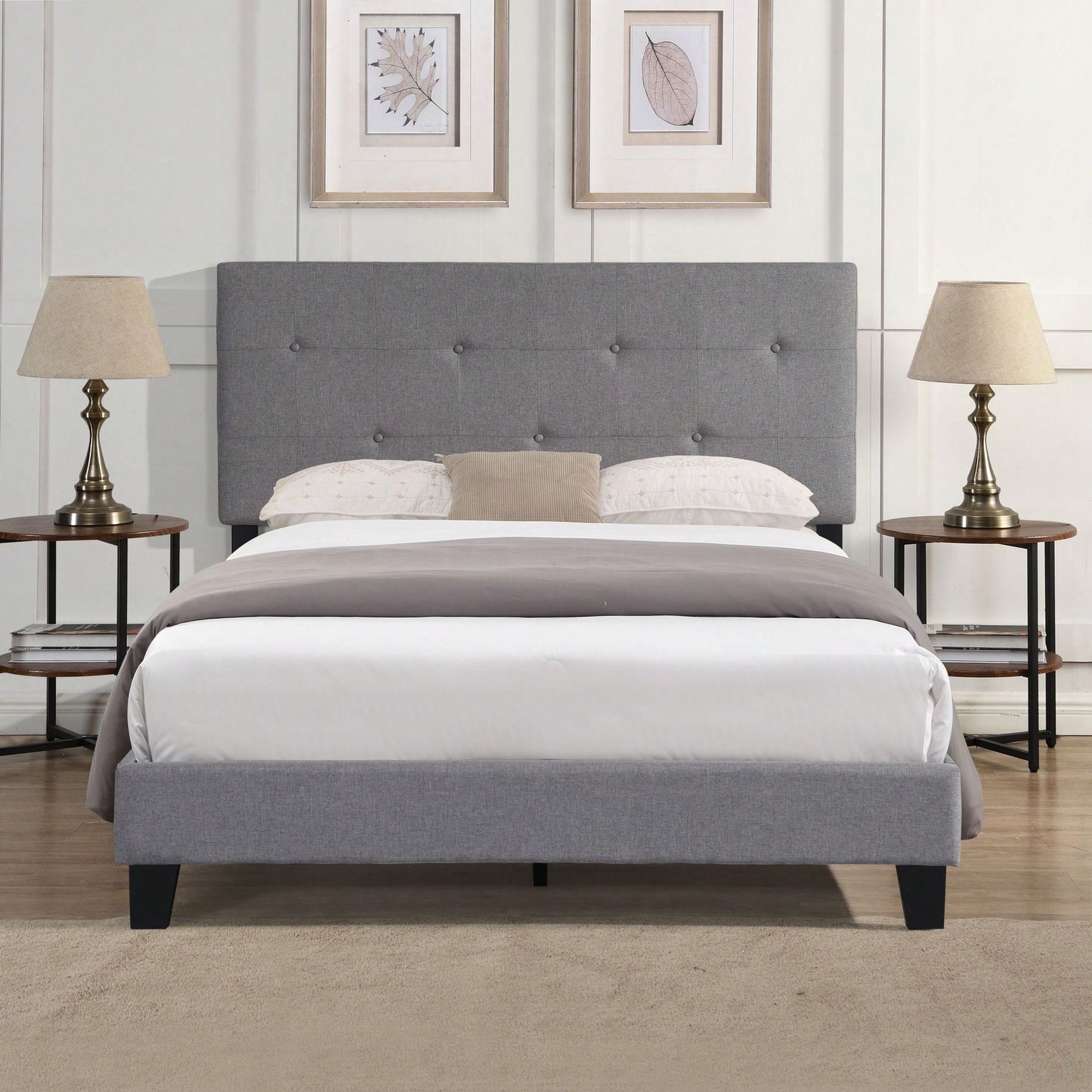 Upholstered Platform Bed Frame With Modern Button Tufted Linen Fabric Headboard, No Box Spring Needed, Wood Slat Support, Easy Assembly