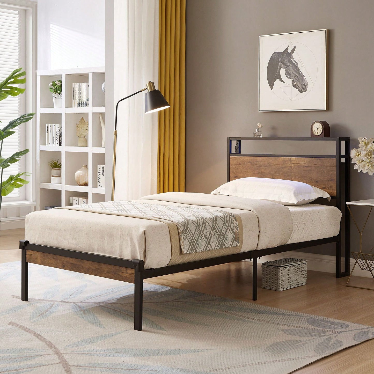 Modern Twin Metal Platform Bed Frame with Wooden Headboard USB Charging No Box Spring Needed Under Bed Storage Easy Assembly