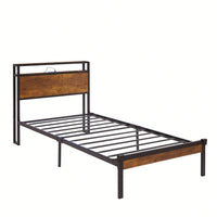 Modern Twin Metal Platform Bed Frame with Wooden Headboard USB Charging No Box Spring Needed Under Bed Storage Easy Assembly