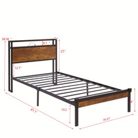 Modern Twin Metal Platform Bed Frame with Wooden Headboard USB Charging No Box Spring Needed Under Bed Storage Easy Assembly