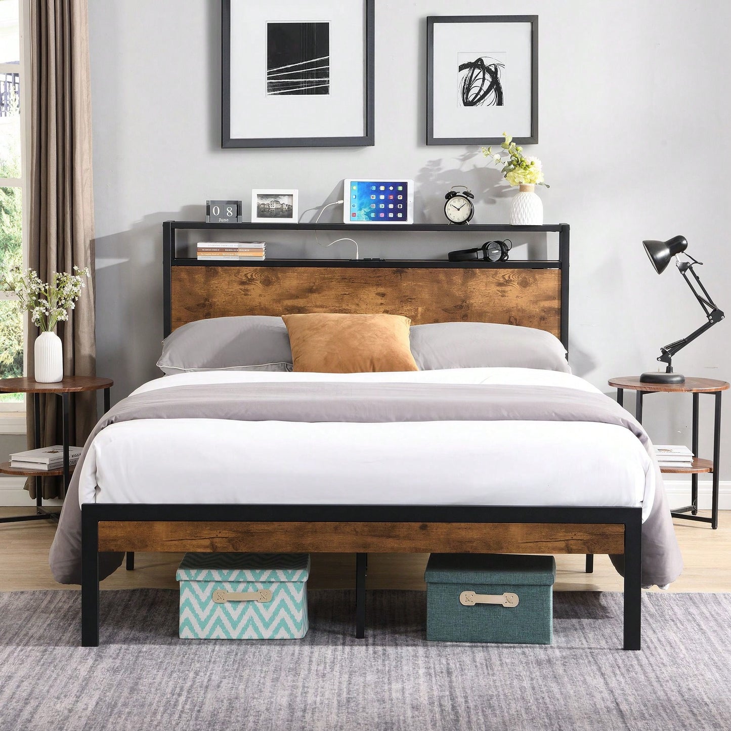 Queen Size  Metal Platform Bed Frame With Wooden Headboard And Footboard, No Box Spring Needed, Large Under Bed Storage, Easy Assemble