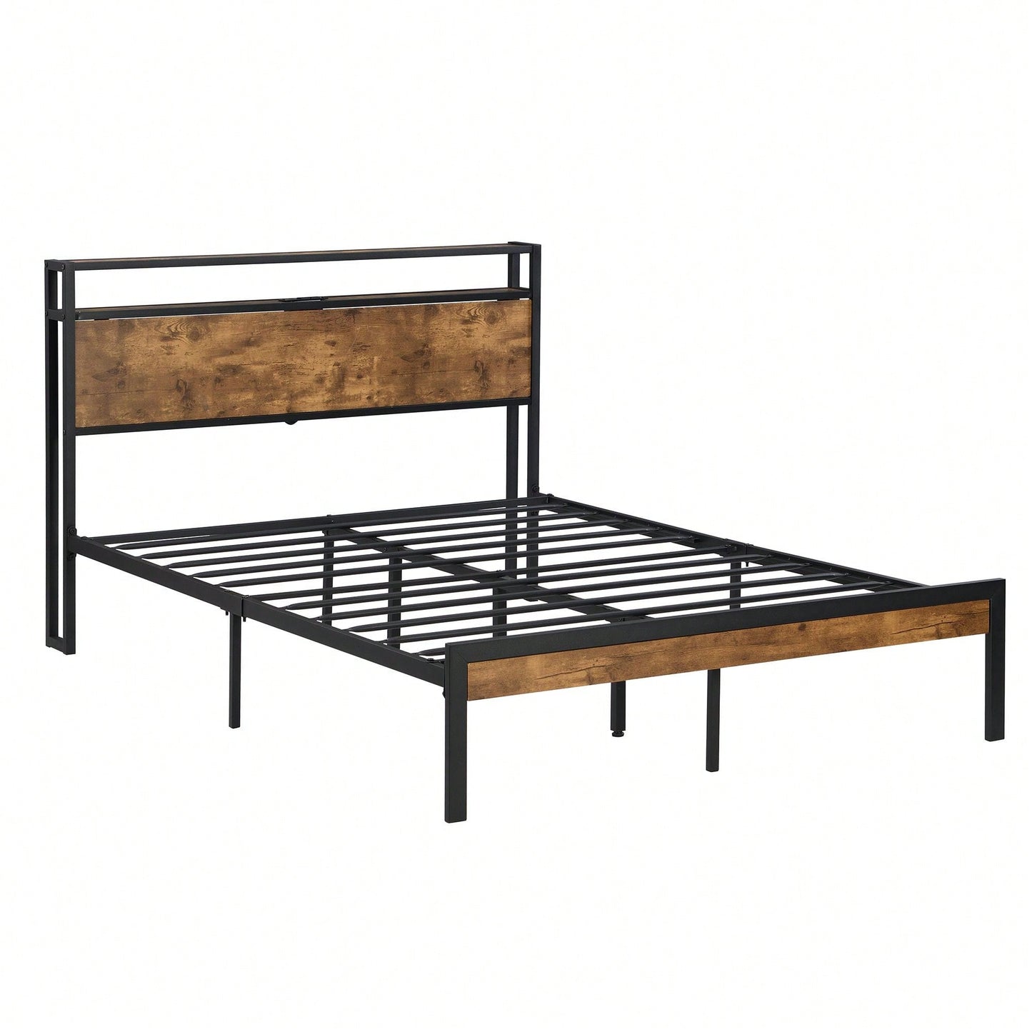 Queen Size  Metal Platform Bed Frame With Wooden Headboard And Footboard, No Box Spring Needed, Large Under Bed Storage, Easy Assemble