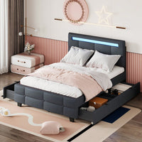 Full Size Upholstered Platform Bed With LED Frame And 4 Drawers, Linen Fabric