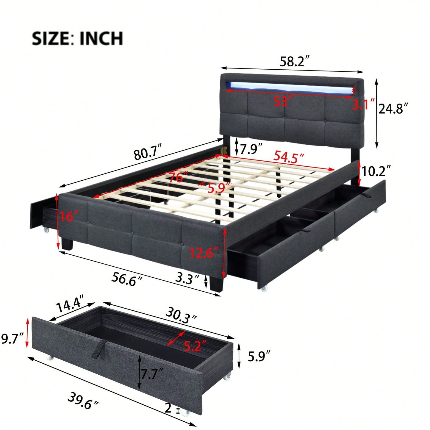 Full Size Upholstered Platform Bed With LED Frame And 4 Drawers, Linen Fabric