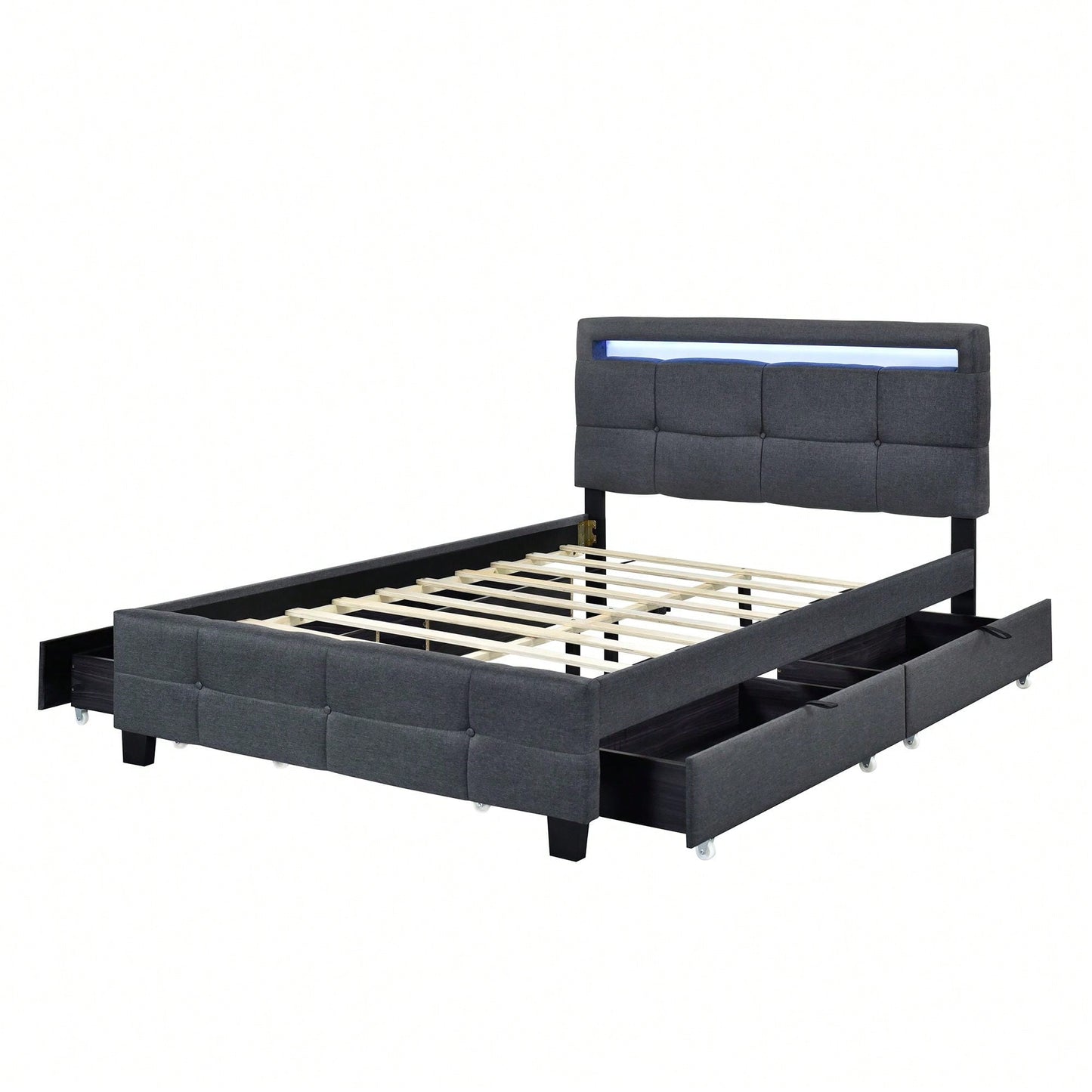 Full Size Upholstered Platform Bed With LED Frame And 4 Drawers, Linen Fabric