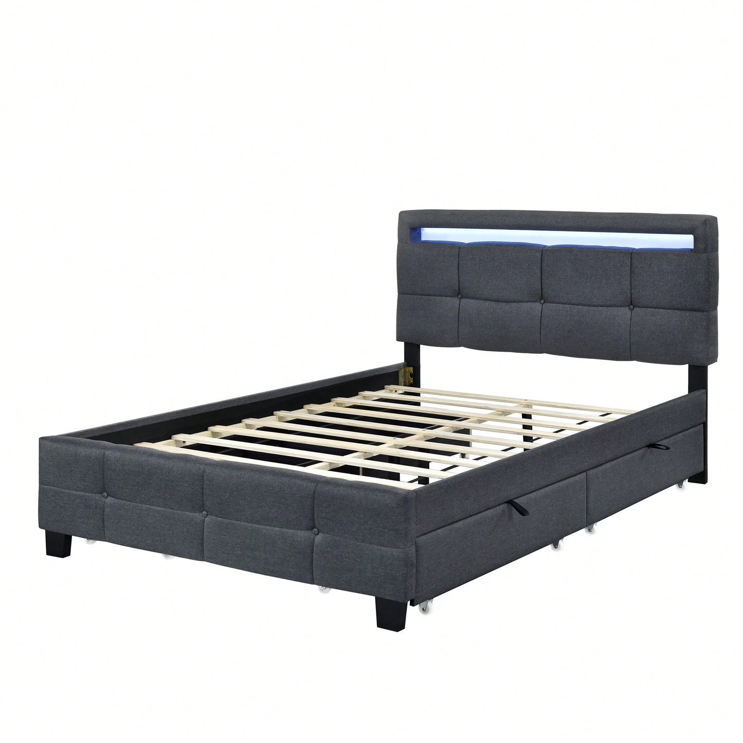 Full Size Upholstered Platform Bed With LED Frame And 4 Drawers, Linen Fabric