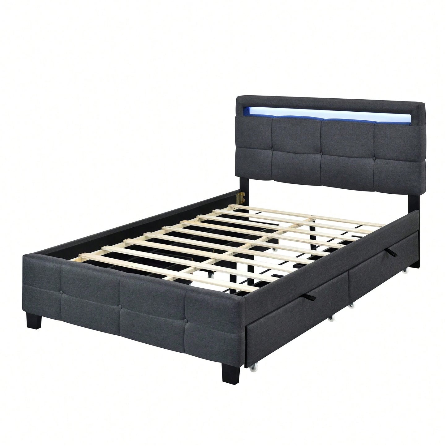 Full Size Upholstered Platform Bed With LED Frame And 4 Drawers, Linen Fabric