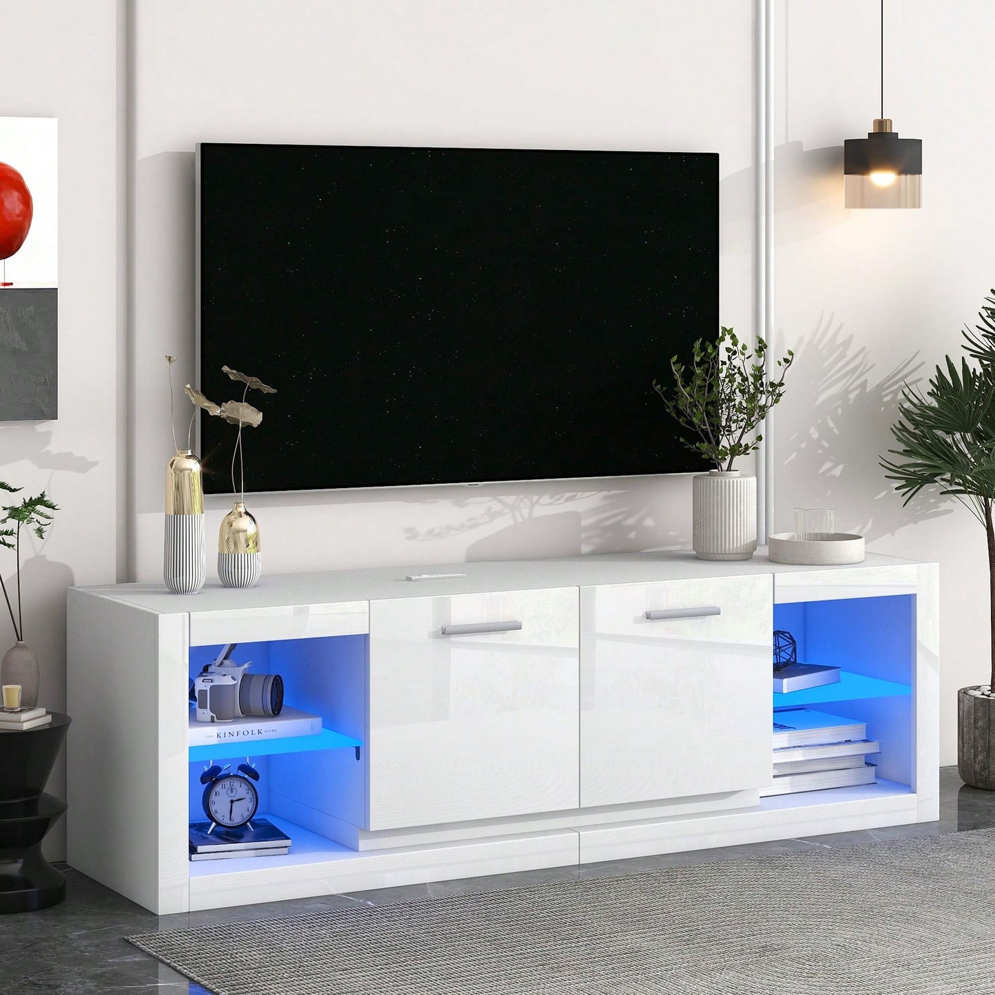 Sleek Modern TV Stand with 2 Tempered Glass Shelves and LED Color Changing Lights for TVs Up to 70 Inches