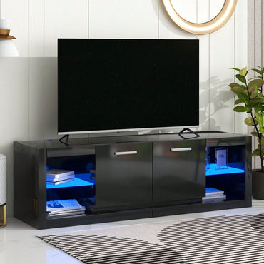 Sleek Modern TV Stand with 2 Tempered Glass Shelves and LED Color Changing Lights for TVs Up to 70 Inches