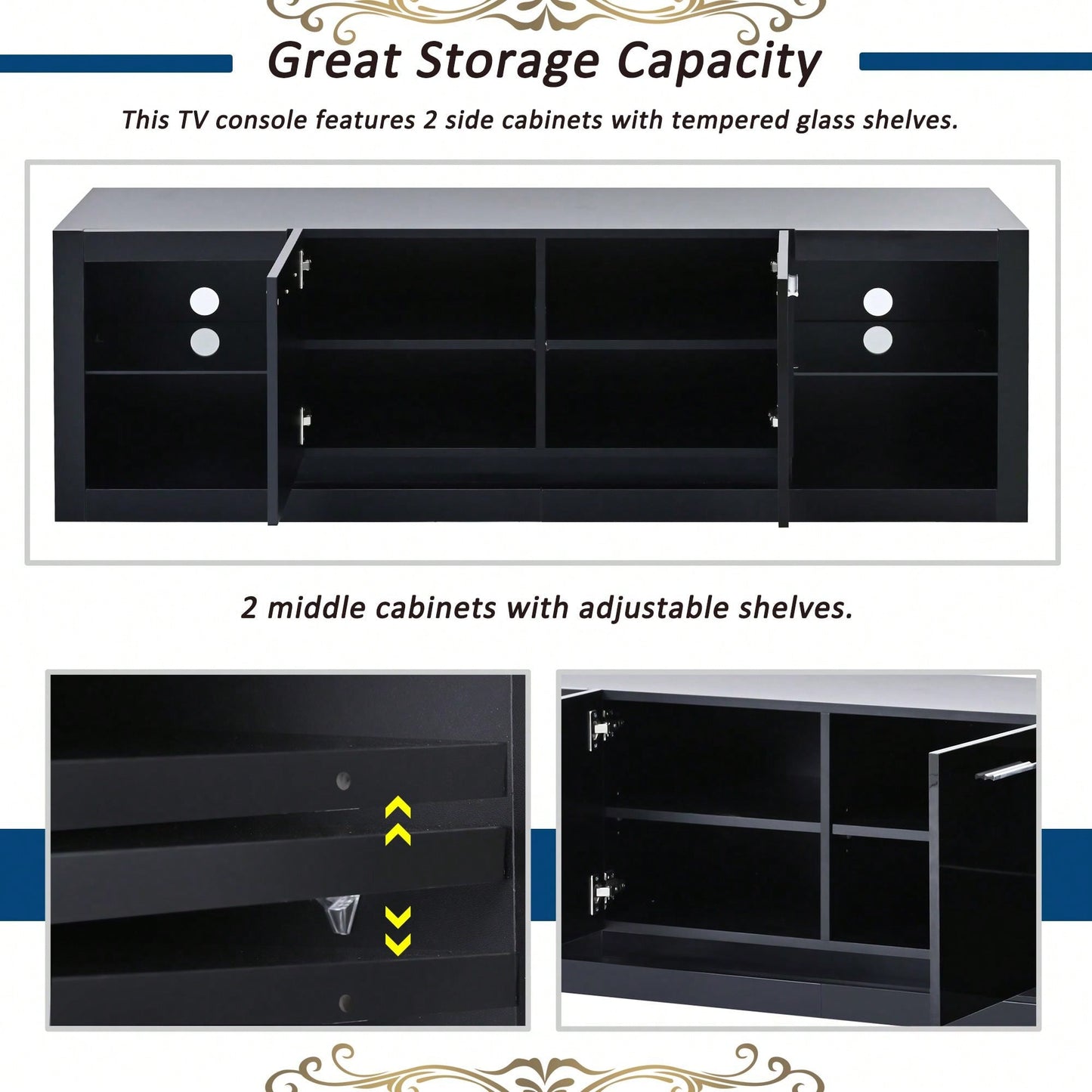 Sleek Modern TV Stand with 2 Tempered Glass Shelves and LED Color Changing Lights for TVs Up to 70 Inches