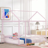 Full Size Metal Bed House Bed Frame With Fence, For Kids, Teens, Girls, Boys