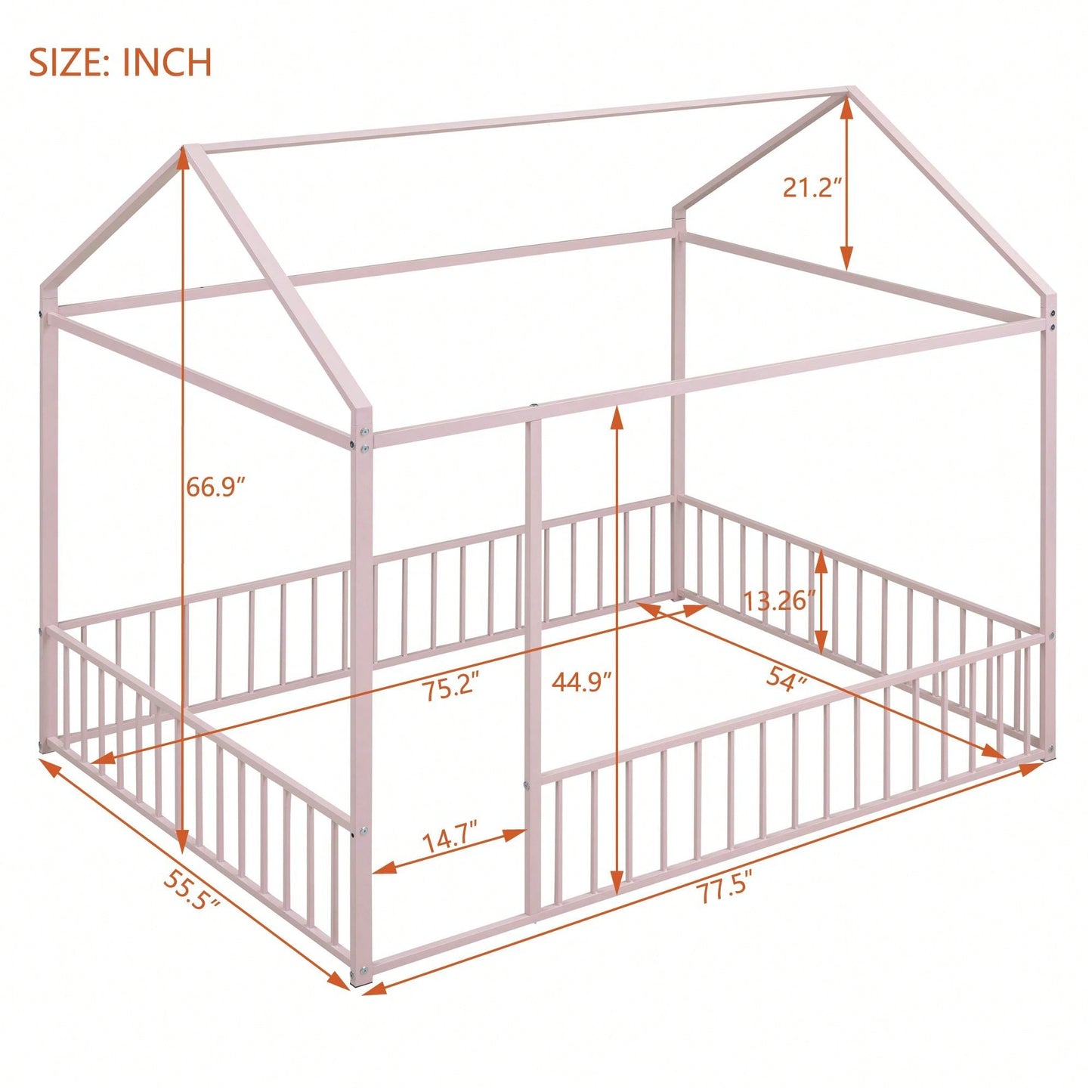 Full Size Metal Bed House Bed Frame With Fence, For Kids, Teens, Girls, Boys