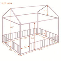 Full Size Metal Bed House Bed Frame With Fence, For Kids, Teens, Girls, Boys