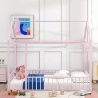 Full Size Metal Bed House Bed Frame With Fence, For Kids, Teens, Girls, Boys