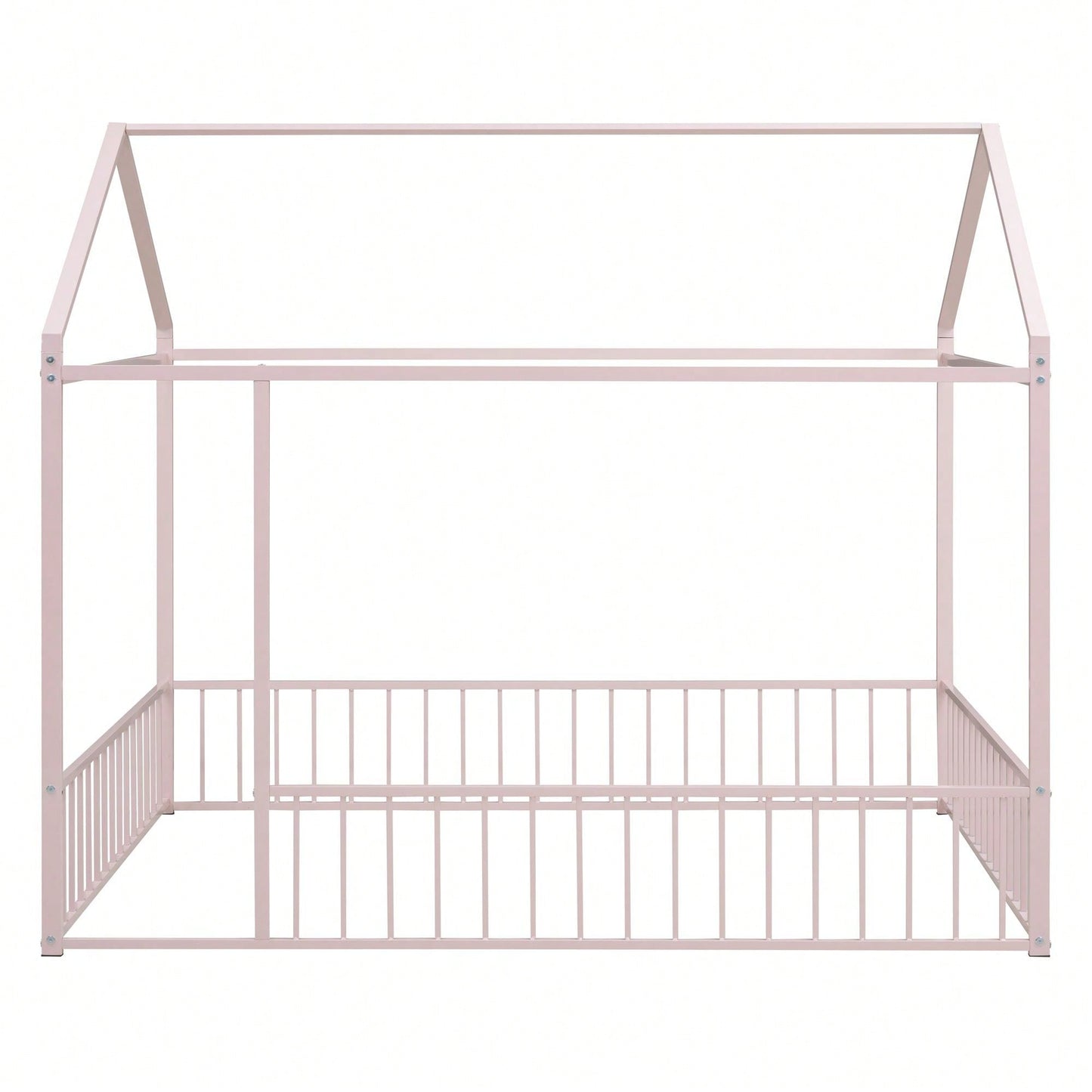 Full Size Metal Bed House Bed Frame With Fence, For Kids, Teens, Girls, Boys