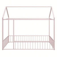 Full Size Metal Bed House Bed Frame With Fence, For Kids, Teens, Girls, Boys