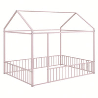 Full Size Metal Bed House Bed Frame With Fence, For Kids, Teens, Girls, Boys
