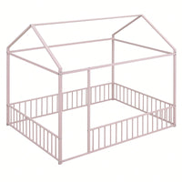 Full Size Metal Bed House Bed Frame With Fence, For Kids, Teens, Girls, Boys