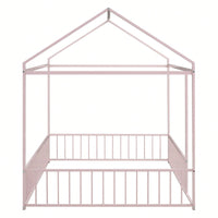 Full Size Metal Bed House Bed Frame With Fence, For Kids, Teens, Girls, Boys