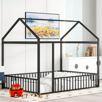 Full Size Metal Bed House Bed Frame With Fence, For Kids, Teens, Girls, Boys
