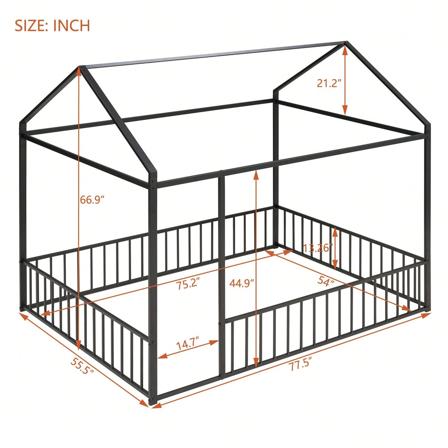 Full Size Metal Bed House Bed Frame With Fence, For Kids, Teens, Girls, Boys