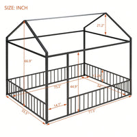 Full Size Metal Bed House Bed Frame With Fence, For Kids, Teens, Girls, Boys