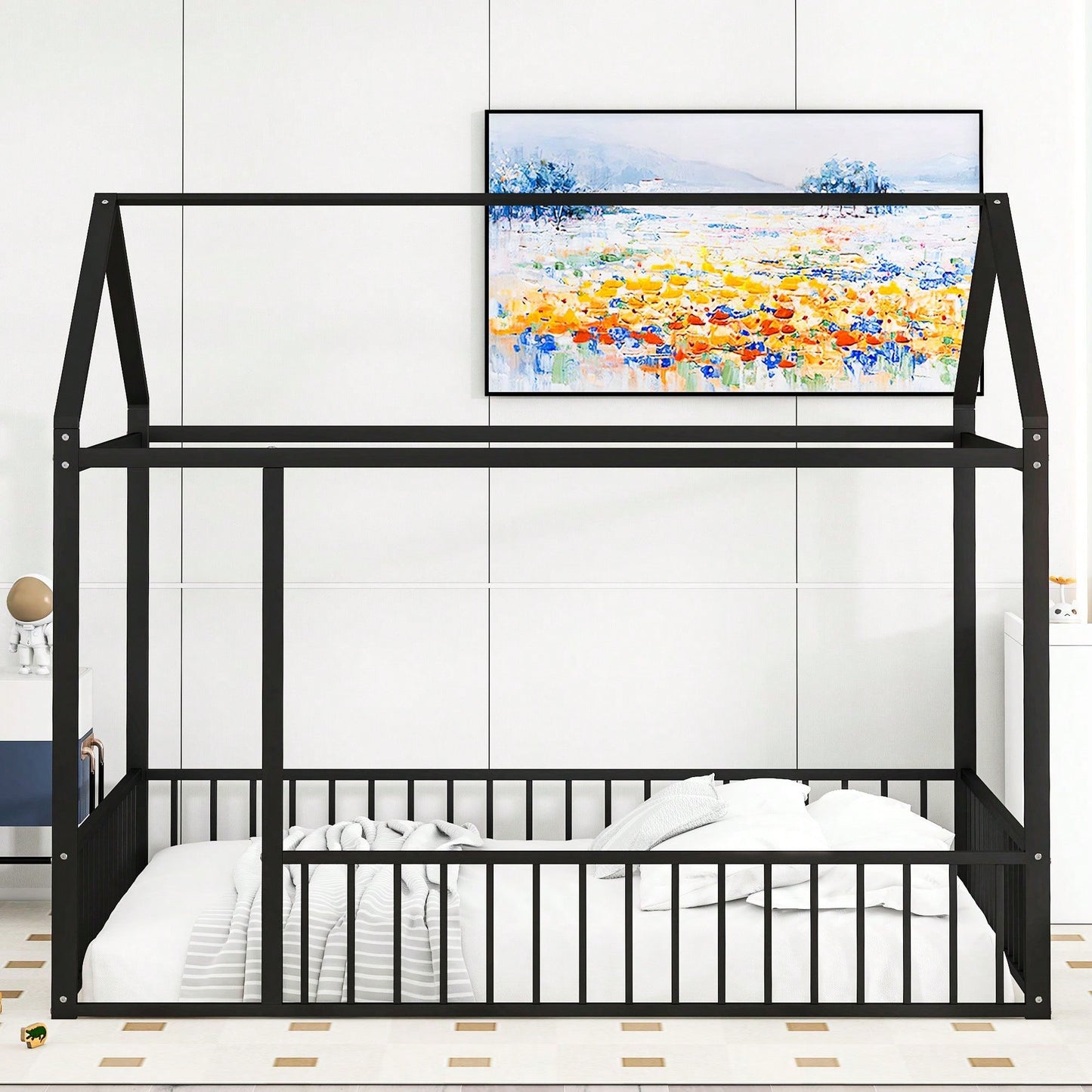 Full Size Metal Bed House Bed Frame With Fence, For Kids, Teens, Girls, Boys