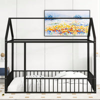 Full Size Metal Bed House Bed Frame With Fence, For Kids, Teens, Girls, Boys