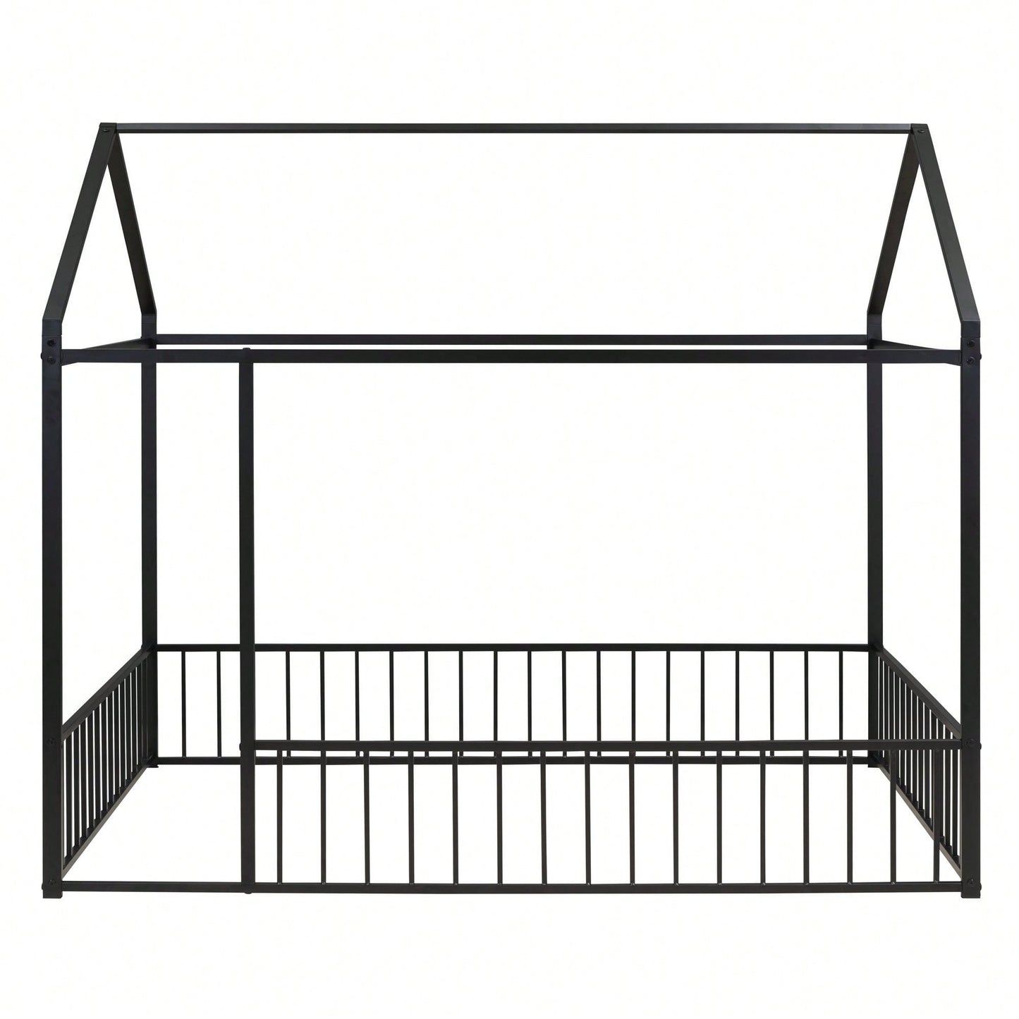 Full Size Metal Bed House Bed Frame With Fence, For Kids, Teens, Girls, Boys