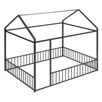 Full Size Metal Bed House Bed Frame With Fence, For Kids, Teens, Girls, Boys