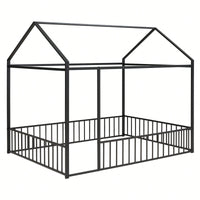 Full Size Metal Bed House Bed Frame With Fence, For Kids, Teens, Girls, Boys