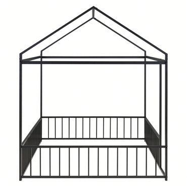 Full Size Metal Bed House Bed Frame With Fence, For Kids, Teens, Girls, Boys