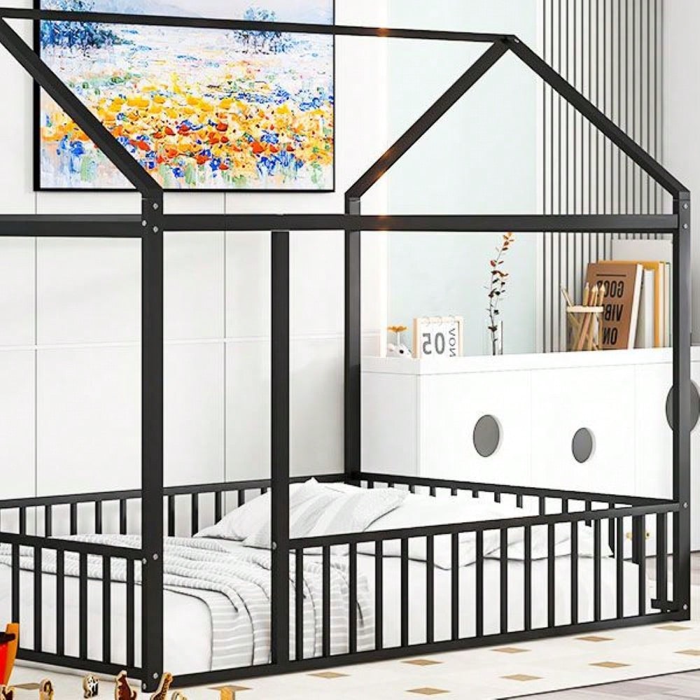 Full Size Metal Bed House Bed Frame With Fence, For Kids, Teens, Girls, Boys