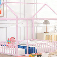 Full Size Metal Bed House Bed Frame With Fence, For Kids, Teens, Girls, Boys